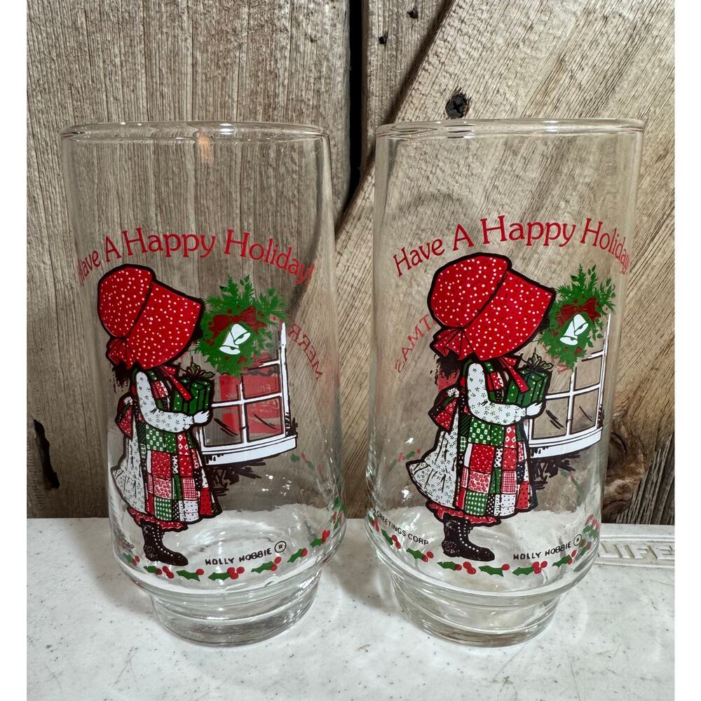 2 Vintage Coca-Cola HOLLY HOBBIE Happy Holiday Glass 1980s American Greetings
